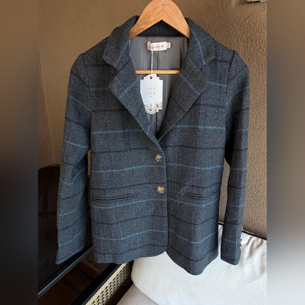 NWT Ivy City Co Charcoal and Blue Plaid Blazer